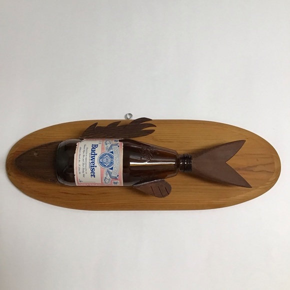 Budweiser Beer Bottle Fish Wall Plaque Wood Handmade Bud Folk Art Bar Decor 80’s - Picture 3 of 16